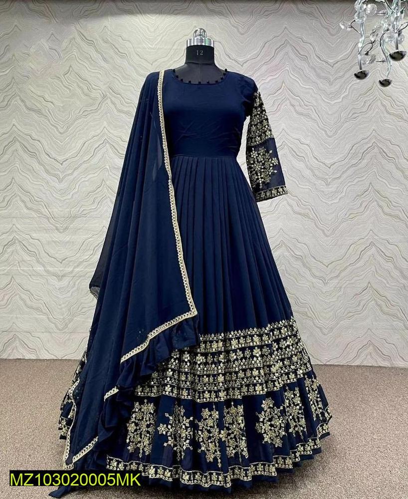 3 Pcs Women's Stitched Shamoz Silk Embroidered Maxi - Navy Blue