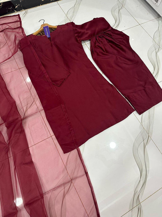 Maroon Shamoz Silk 3Pcs Women Suit With Organza Dupatta