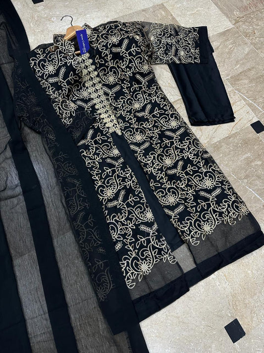Black Embroidered 4-Piece Shamoz Silk Gown Suit Set