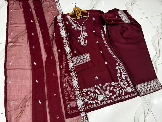 Red Embroidered 3Pcs Kurta Shalwar Dupatta Set