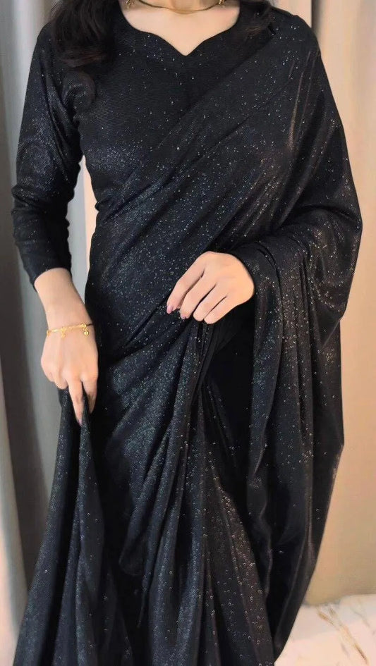 Black Glitter Saree with Long Sleeves & Floor Length