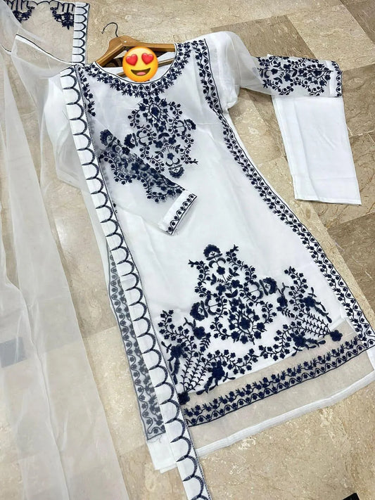 Elegant Blue Embroidered 3-Piece Organza Suit for Women