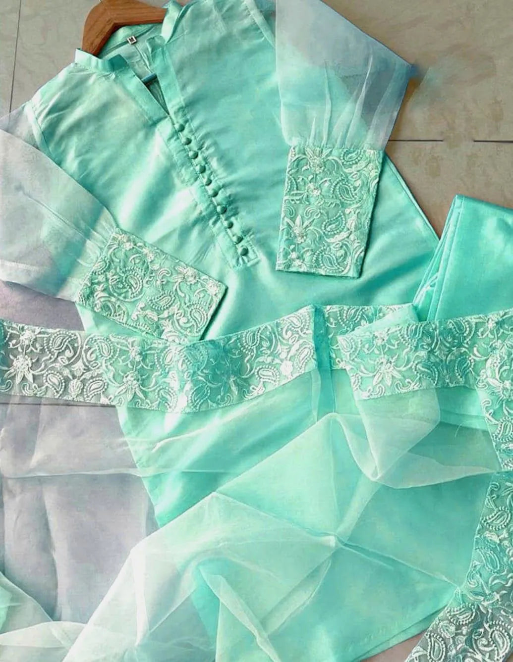 Mint Green Embroidered Organza 3-Piece Suit for Eid