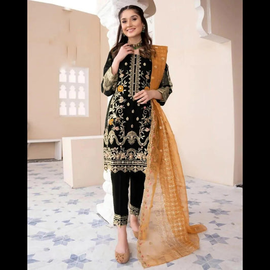 Black Organza Embroidered 3-Piece Suit for Eid & Weddings