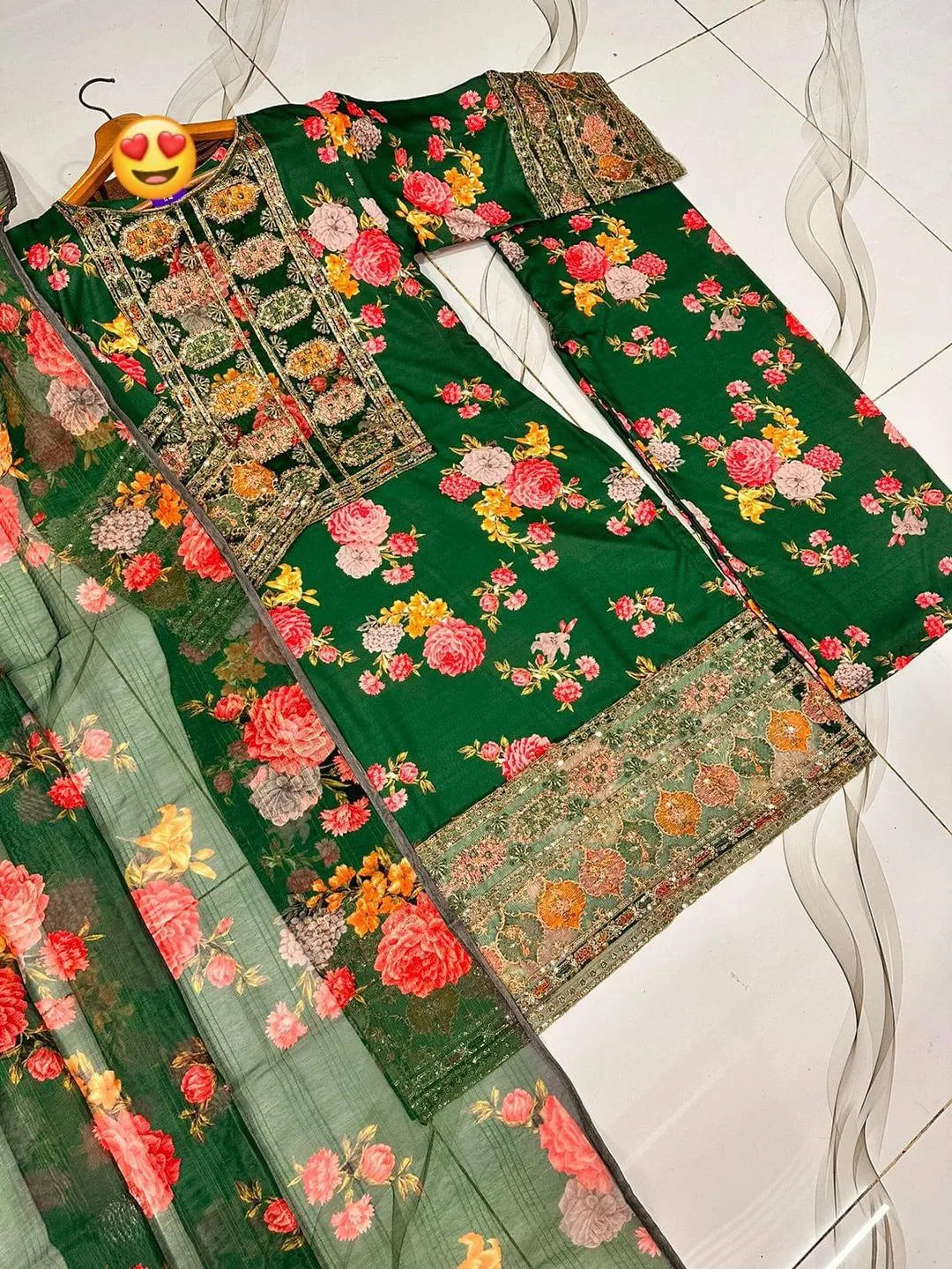 Anneela Printed 3Pcs Embroidered Green Suit Set