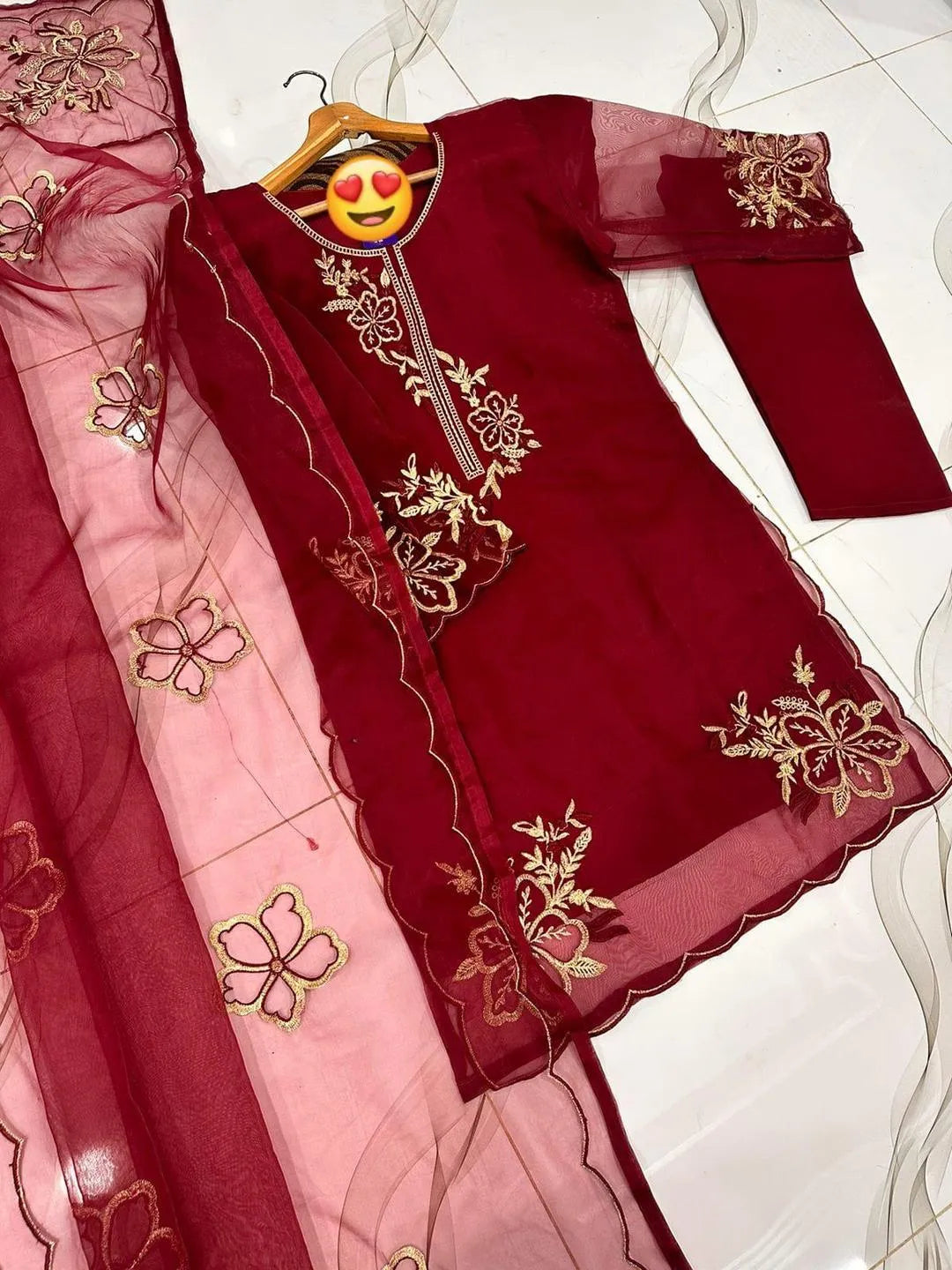 Maroon 3-Piece Embroidered Suit for Women with Gold Work