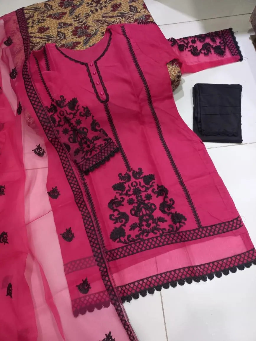 Pink Embroidered 3-Piece Suit for Women with Lace Trouser & Dupatta