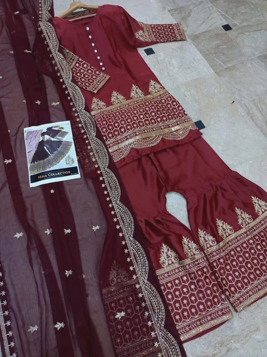 Maroon Embroidered 3Pcs Shamoz Silk Suit