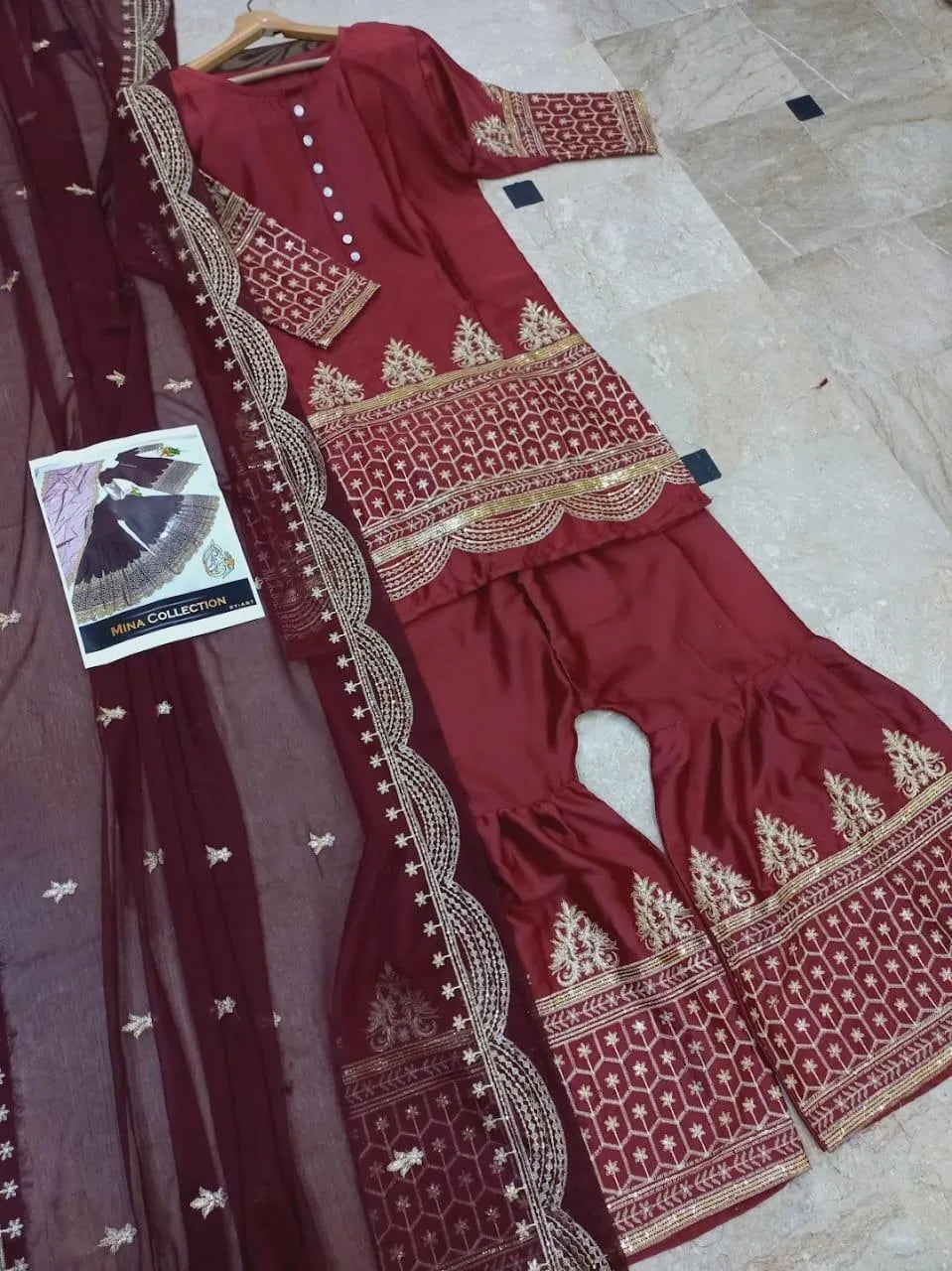 Maroon Embroidered 3Pcs Shamoz Silk Suit
