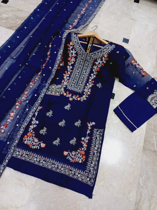 Navy Blue Organza 3-Piece Suit for Eid & Weddings