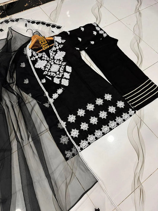 Black Embroidered 3Pcs Cotton Set with Organza Dupatta