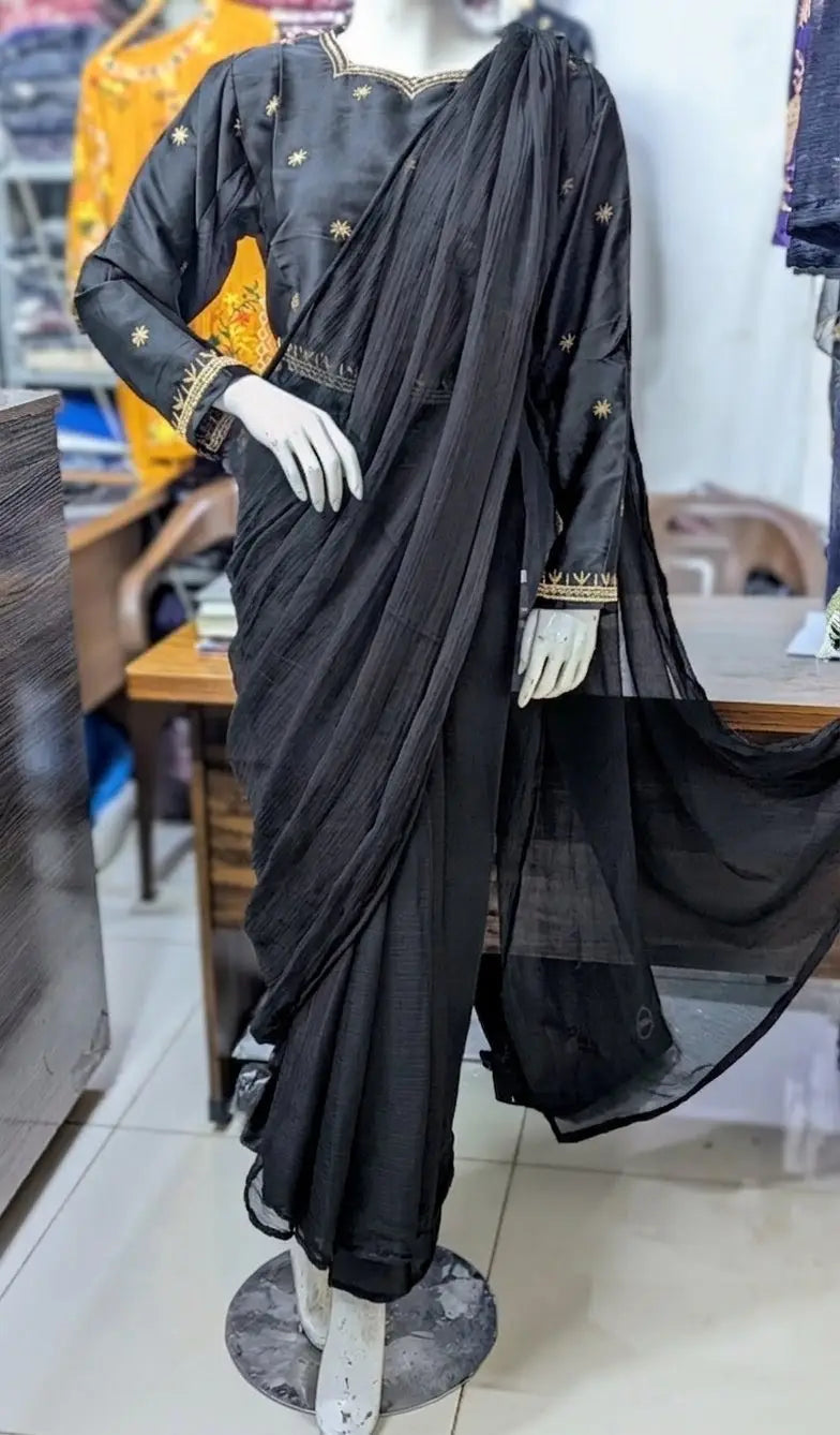 Ready to Wear Chiffon Saree with Embroidered Silk Blouse & Silk Petticoat – 7 Yards Stitched Party Wear Saree for Women