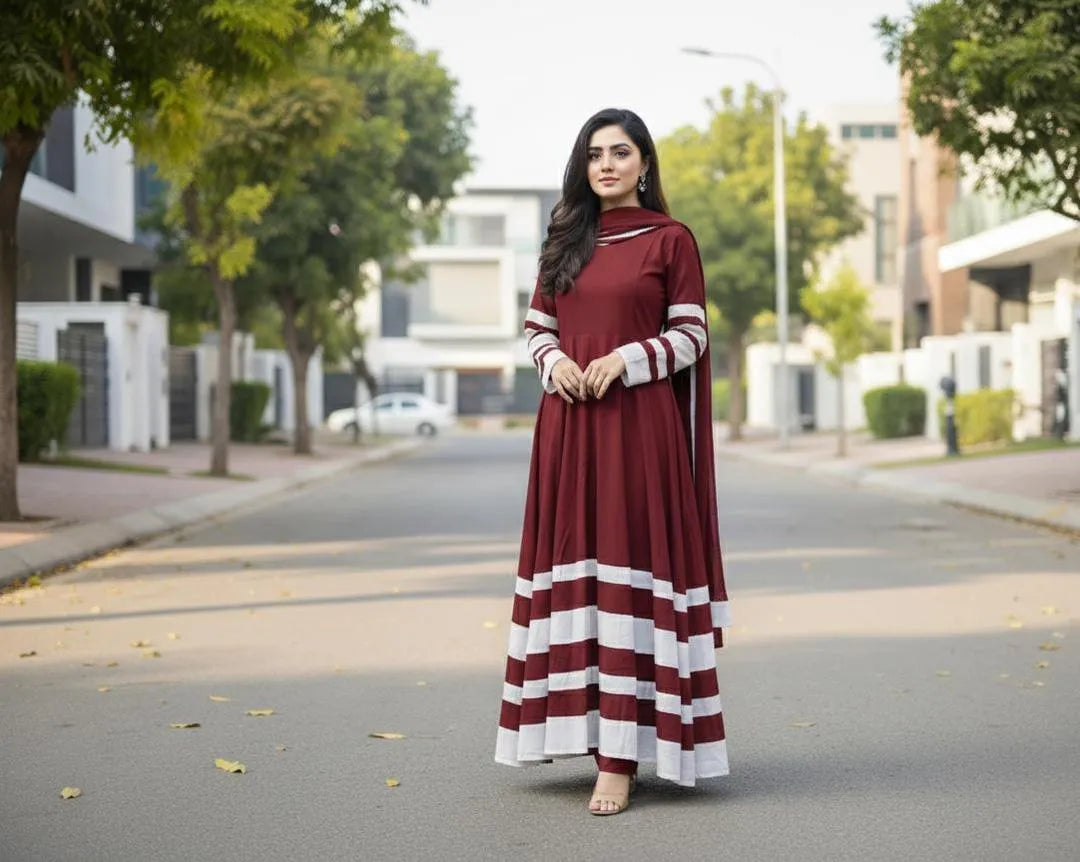 Maroon Applique Chiffon Maxi Set with Trouser & Dupatta