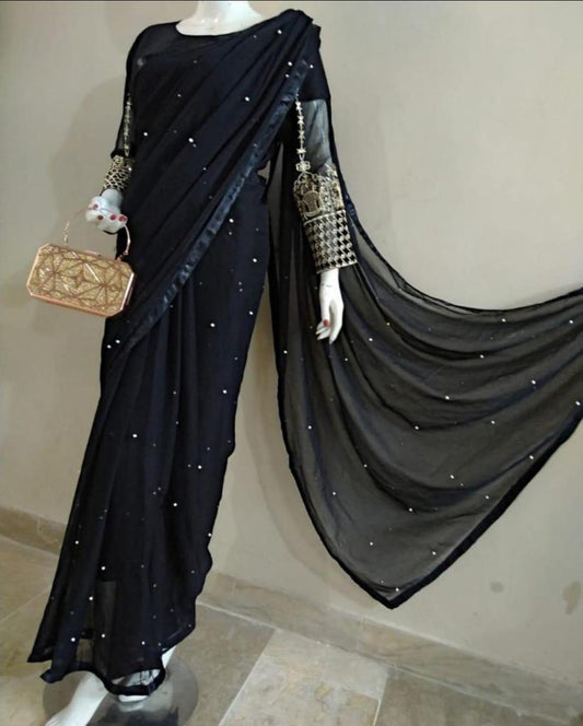 Stunning Black Sequins Embroidered Crinkle Chiffon Stitched Saree Set - 3 Pcs