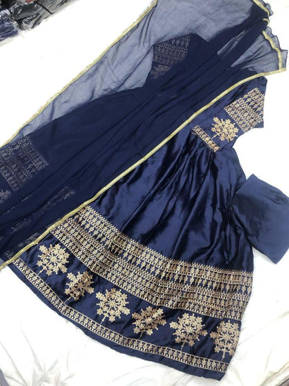 3 Pcs Women's Stitched Shamoz Silk Embroidered Maxi - Navy Blue