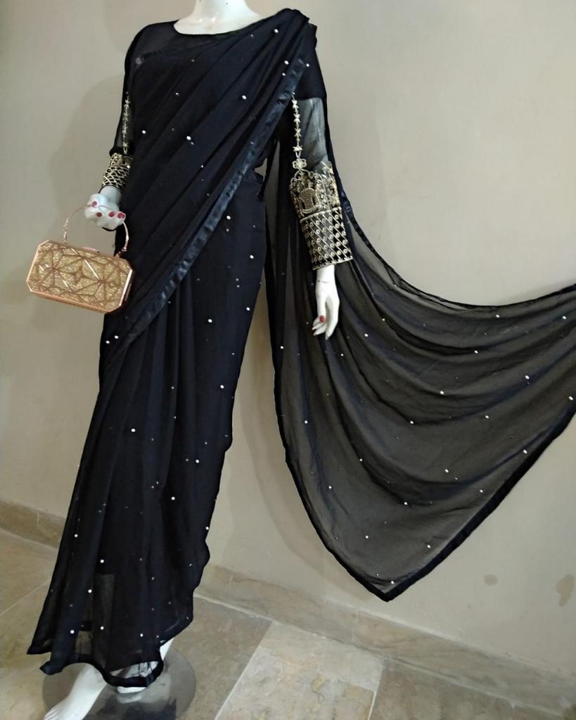 Exquisite Chiffon Stitched Saree - 1 Pc with Elegant Embroidered Design