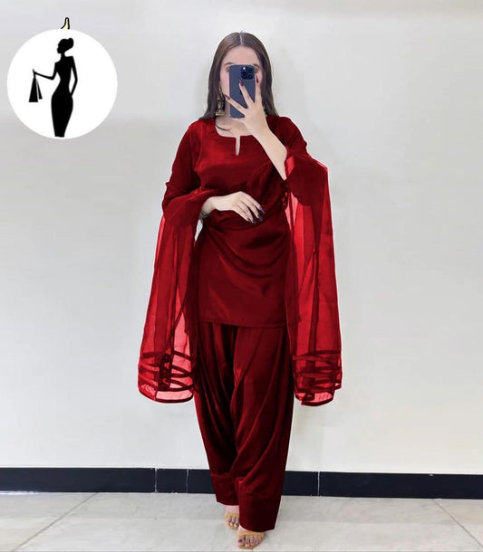 Maroon Shamoz Silk 3Pcs Women Suit With Organza Dupatta