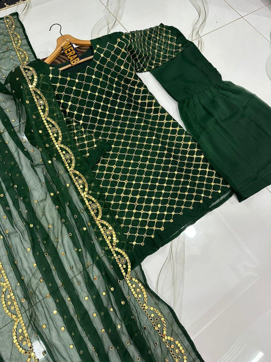 Green Mirror Work 3-Piece Chiffon Suit for Women