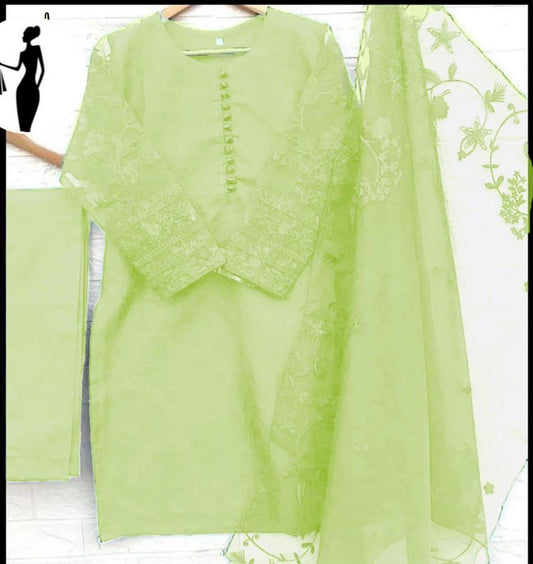 Light Green Embroidered 3-Piece Women Suit with Dupatta