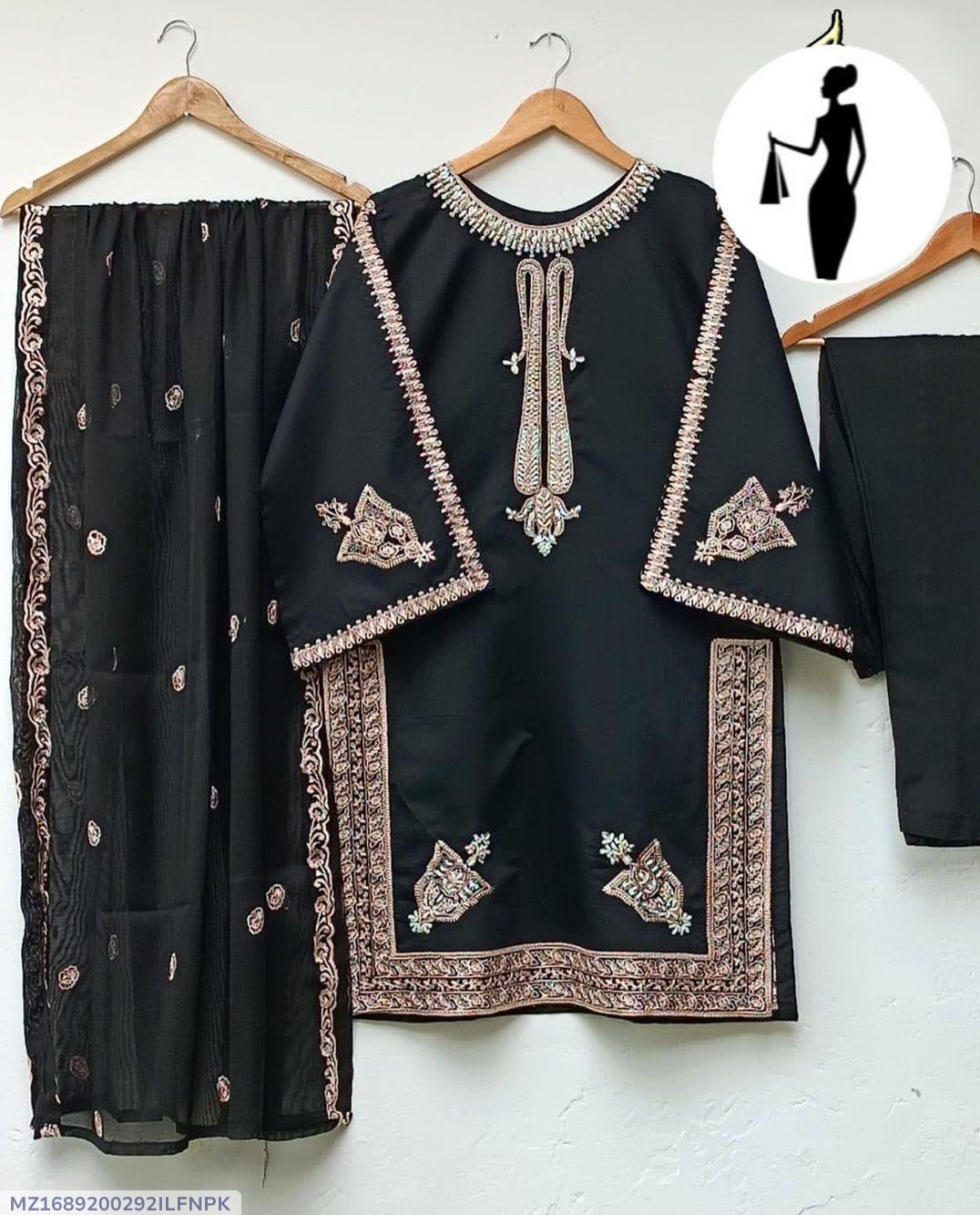 Black Shamoz Silk 3-Piece Suit with Embroidered Dupatta