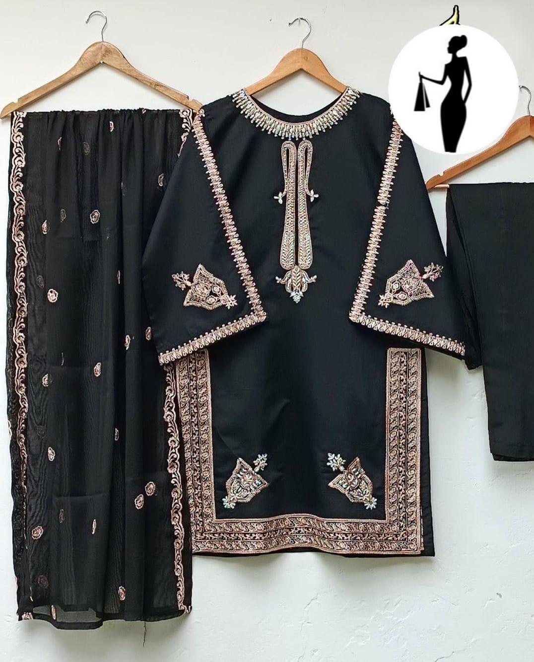 Black Shamoz Silk 3-Piece Suit with Embroidered Dupatta