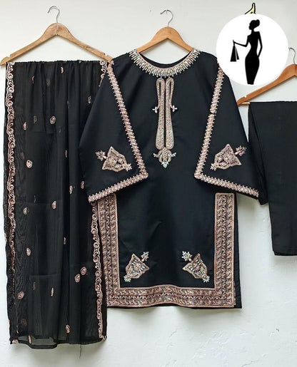 Black Shamoz Silk 3-Piece Suit with Embroidered Dupatta