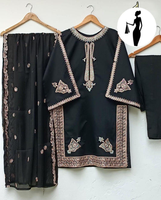 Black Shamoz Silk 3-Piece Suit with Embroidered Dupatta