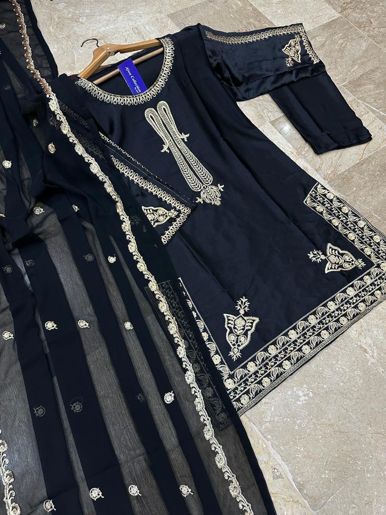 Black Shamoz Silk 3-Piece Suit with Embroidered Dupatta