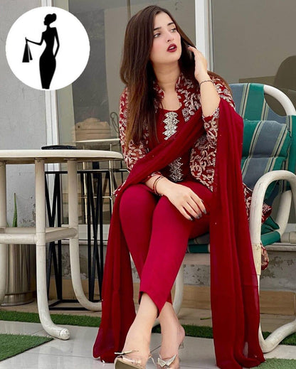 Maroon 4 Pcs Embroidered Gown Suit Shamoz Silk