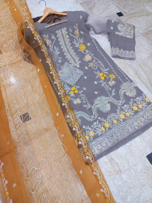 Women Embroidered 3Pcs Suit Grey Organza