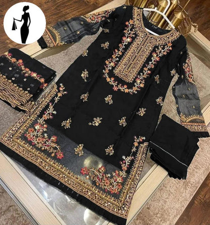 Black Embroidered 3-Piece Suit for Women
