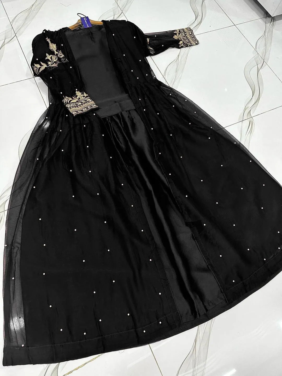 Black 3-Piece Shamoz Silk Gown Set for Eid Party Wear