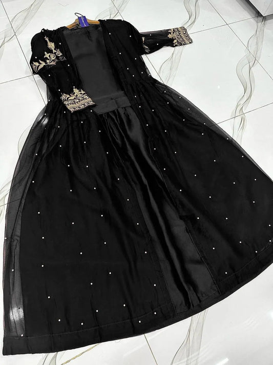 Black 3-Piece Shamoz Silk Gown Set for Eid Party Wear