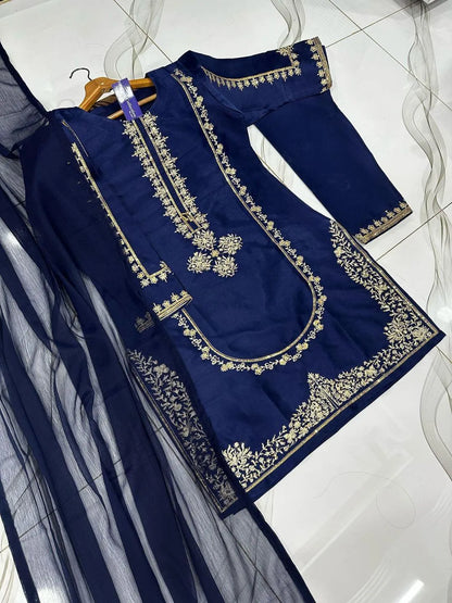 Blue Round Sequence Embroidered 3Pcs Suit