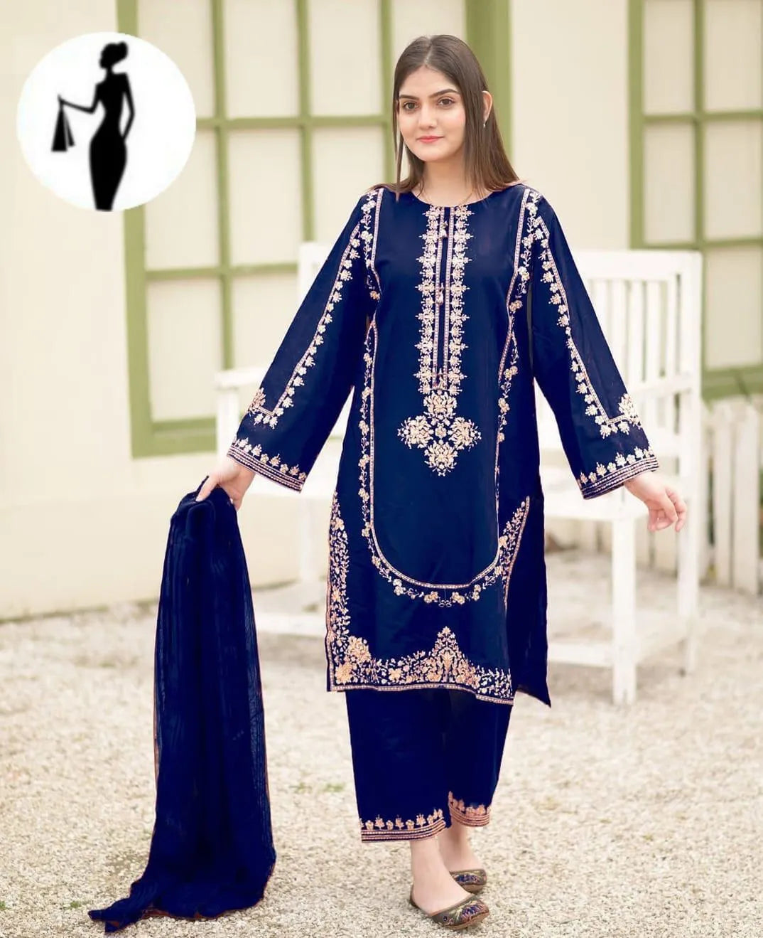 Blue Round Sequence Embroidered 3Pcs Suit
