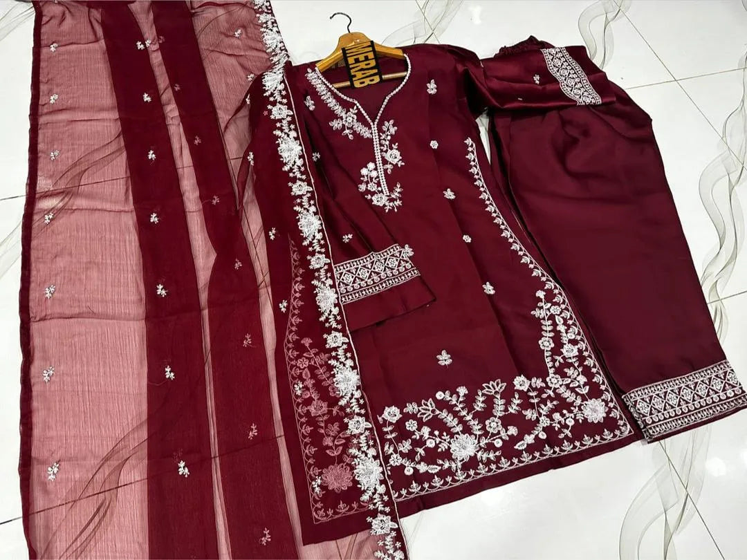 Red Embroidered 3Pcs Kurta Shalwar Dupatta Set