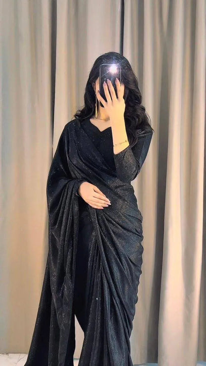 Black Glitter Saree with Long Sleeves & Floor Length