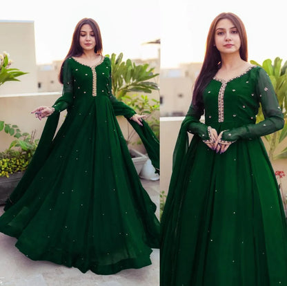 Green Embroidered Chiffon Maxi Set with Dupatta