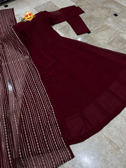 Allover Embroidered Maxi Dress with Chiffon Dupatta & Crepe Trouser
