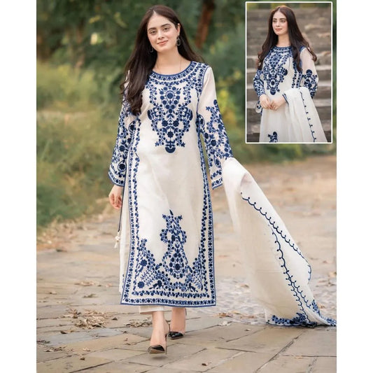Elegant Blue Embroidered 3-Piece Organza Suit for Women