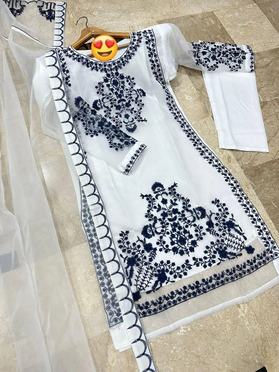 Elegant Blue Embroidered 3-Piece Organza Suit for Women