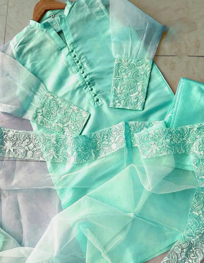 Mint Green Embroidered Organza 3-Piece Suit for Eid