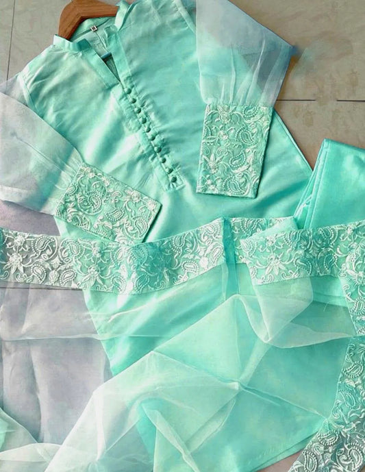 Mint Green Embroidered Organza 3-Piece Suit for Eid