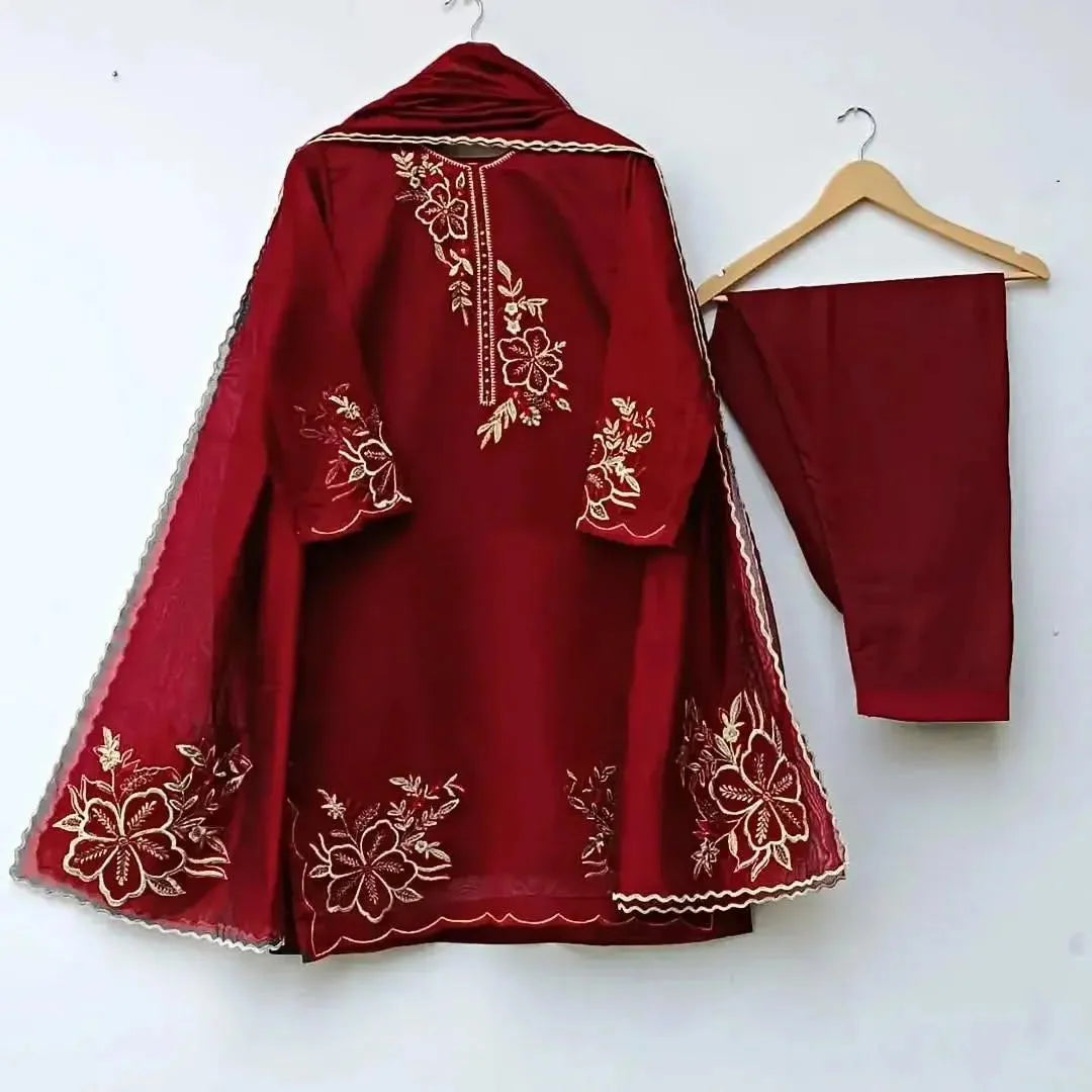 Maroon 3-Piece Embroidered Suit for Women with Gold Work