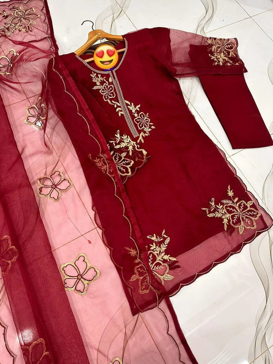 Maroon 3-Piece Embroidered Suit for Women with Gold Work