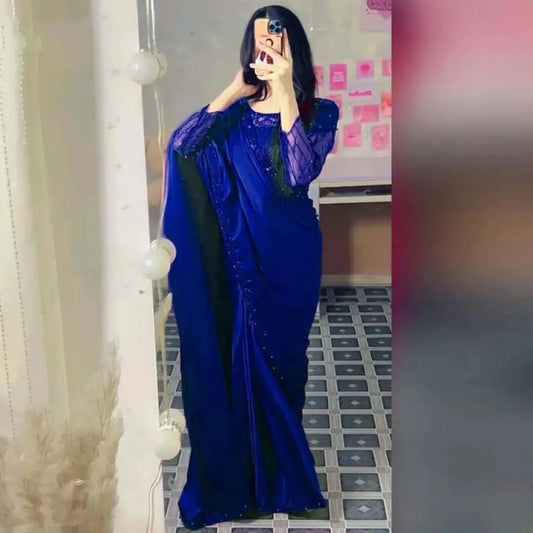 Blue Sequin Shamoz Silk Saree with Pearl Embroidery