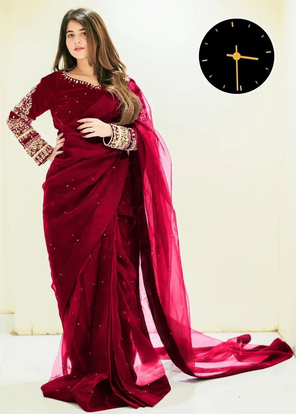 Maroon Chiffon Saree with Embroidered Blouse & Petticoat