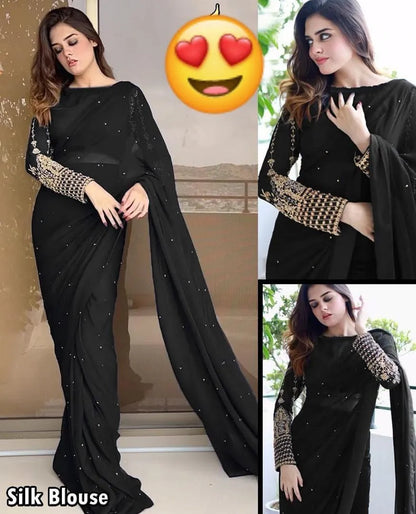 Black Chiffon Saree Set with Silk Blouse & Pettycoat