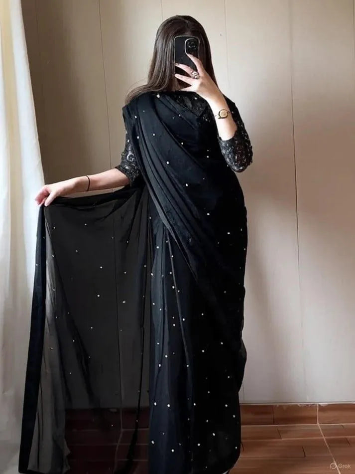 Black Chiffon Saree with Sequins & Pearls for Weddings