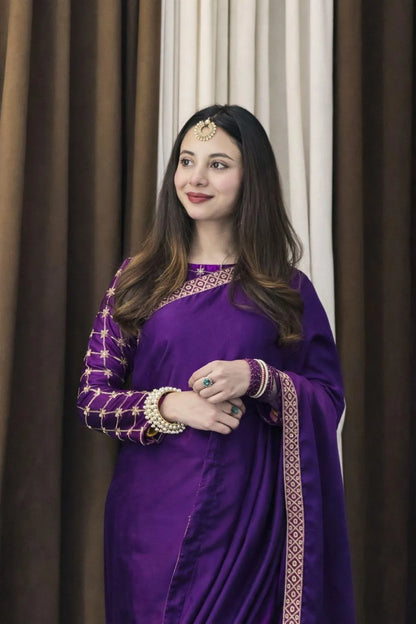 Purple Shamoz Silk Saree Set with Embroidery for Women